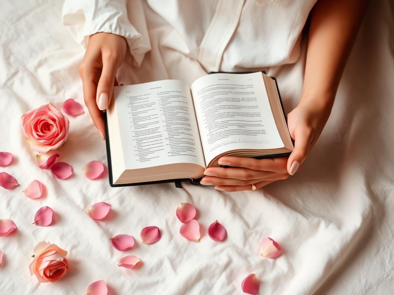 Hands holding an open Bible on cream linen
