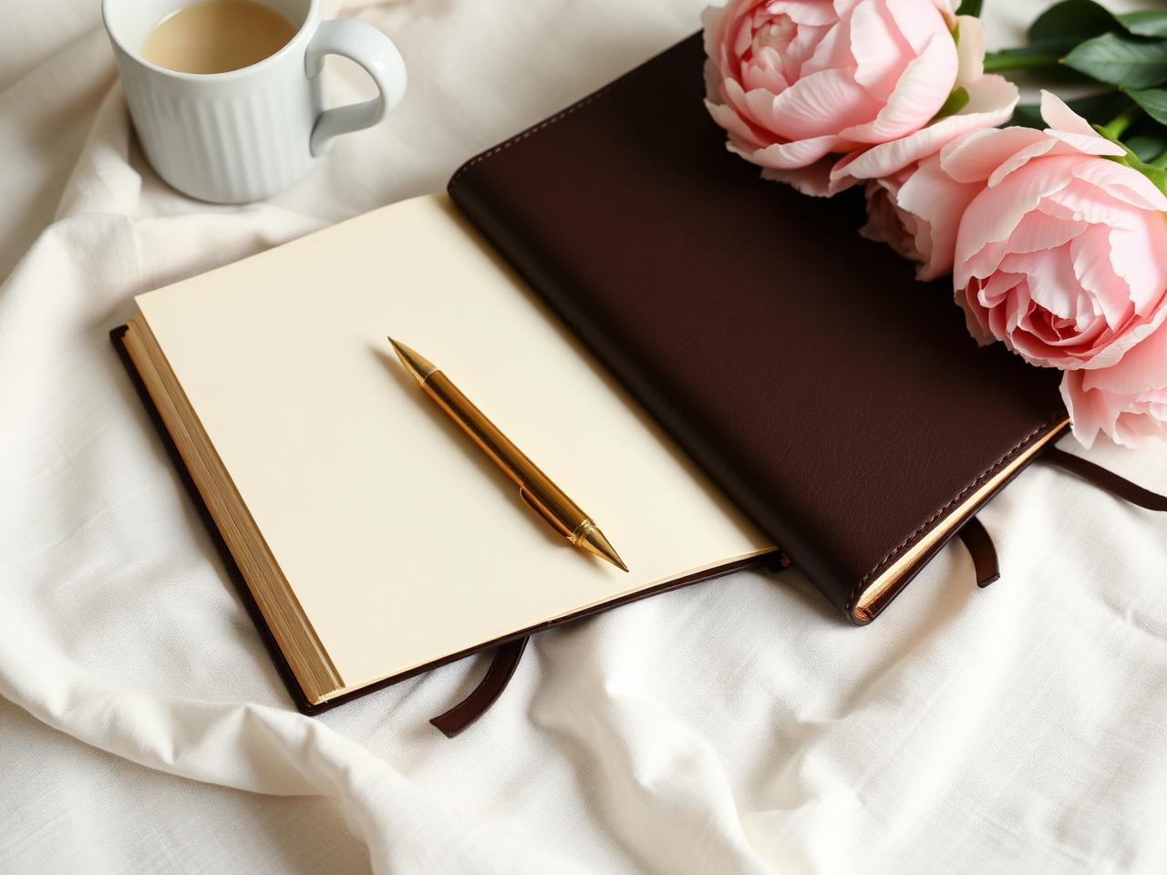 Journal, gold pen and blush peonies on linen