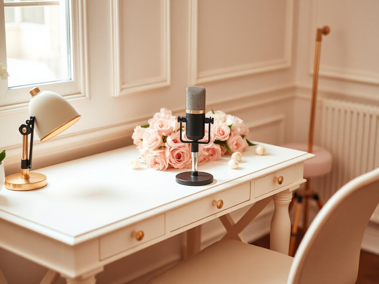 Elegant podcast microphone on a cream desk